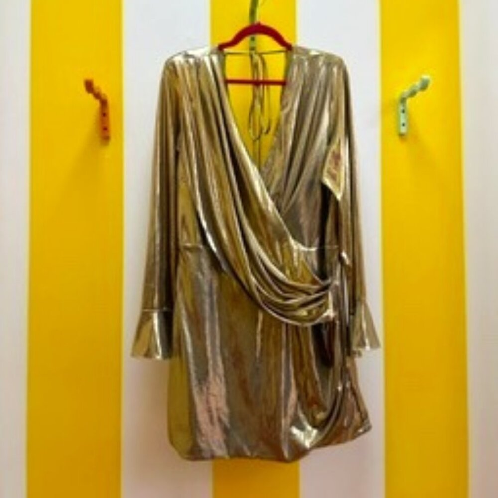 Metallic Gold Drape Dress with Tie Back and Bell Sleeve cuff Size 2XL